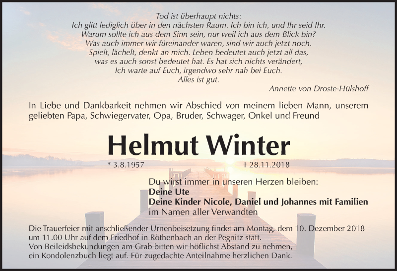  Traueranzeige für Helmut Winter vom 05.12.2018 aus Gesamtausgabe Nürnberger Nachrichten/ Nürnberger Ztg.