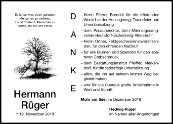 Traueranzeige von Hermann Rüger von Altmühl-Bote Lokal