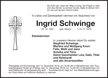 Traueranzeige von Ingrid Schwinge von Nordbayerische Nachrichten Herzogenaurach Lokal