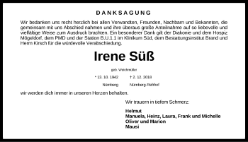 Traueranzeige von Irene Süß von Gesamtausgabe Nürnberger Nachrichten/ Nürnberger Ztg.