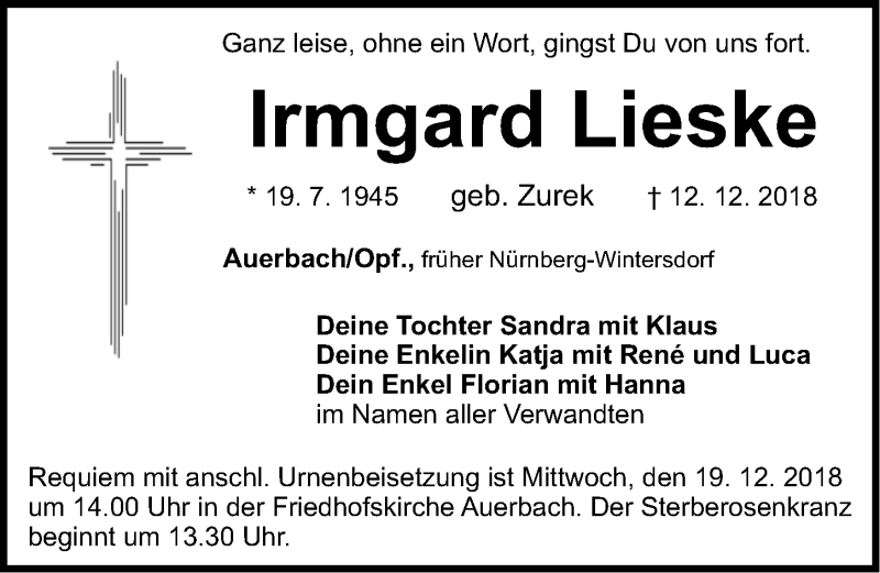 Traueranzeige für Irmgard Lieske vom 15.12.2018 aus Gesamtausgabe Nürnberger Nachrichten/ Nürnberger Ztg.