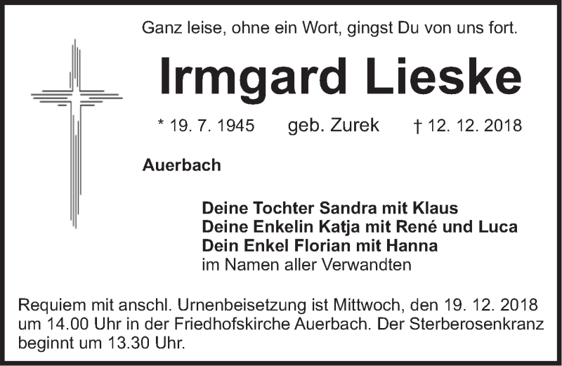  Traueranzeige für Irmgard Lieske vom 15.12.2018 aus Nordbayerische Nachrichten Pegnitz Lokal