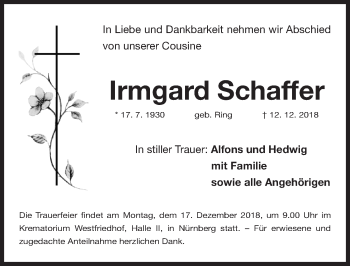 Traueranzeige von Irmgard Schaffer von Gesamtausgabe Nürnberger Nachrichten/ Nürnberger Ztg.