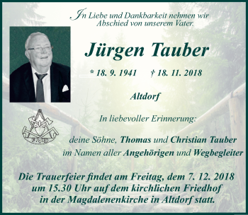 Traueranzeige von Jürgen Tauber von Gesamtausgabe Nürnberger Nachrichten/ Nürnberger Ztg.