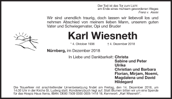 Traueranzeige von Karl Wiesneth von Gesamtausgabe Nürnberger Nachrichten/ Nürnberger Ztg.