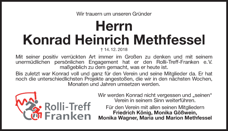  Traueranzeige für Konrad Heinrich Methfessel vom 18.12.2018 aus Gesamtausgabe Nürnberger Nachrichten/ Nürnberger Ztg.
