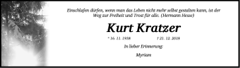 Traueranzeige von Kurt Kratzer von Gesamtausgabe Nürnberger Nachrichten/ Nürnberger Ztg.