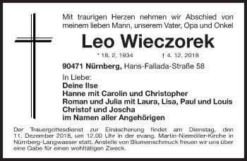 Traueranzeige von Leo Wieczorek von Gesamtausgabe Nürnberger Nachrichten/ Nürnberger Ztg.