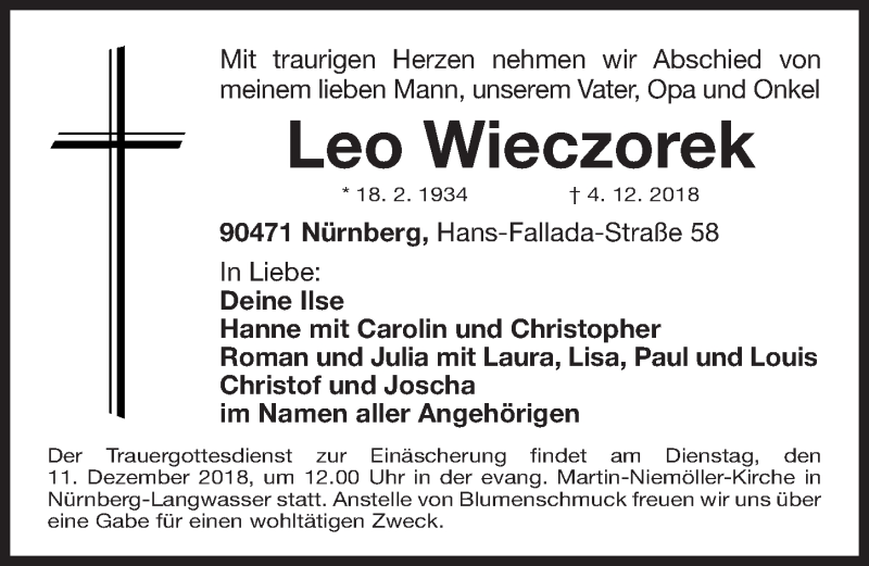  Traueranzeige für Leo Wieczorek vom 08.12.2018 aus Gesamtausgabe Nürnberger Nachrichten/ Nürnberger Ztg.
