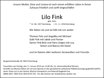 Traueranzeige von Lilo Fink von Gesamtausgabe Nürnberger Nachrichten/ Nürnberger Ztg.