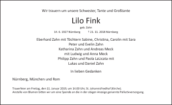 Traueranzeige von Lilo Fink von Gesamtausgabe Nürnberger Nachrichten/ Nürnberger Ztg.