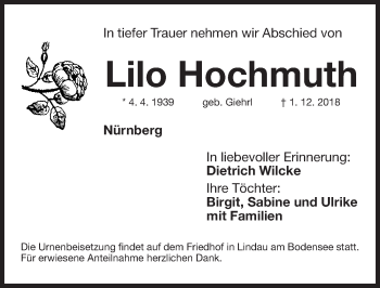 Traueranzeige von Lilo Hochmuth von Gesamtausgabe Nürnberger Nachrichten/ Nürnberger Ztg.
