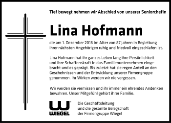 Traueranzeige von Lina Hofmann von Gesamtausgabe Nürnberger Nachrichten/ Nürnberger Ztg.