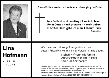 Traueranzeige von Lina Hofmann von Gesamtausgabe Nürnberger Nachrichten/ Nürnberger Ztg.