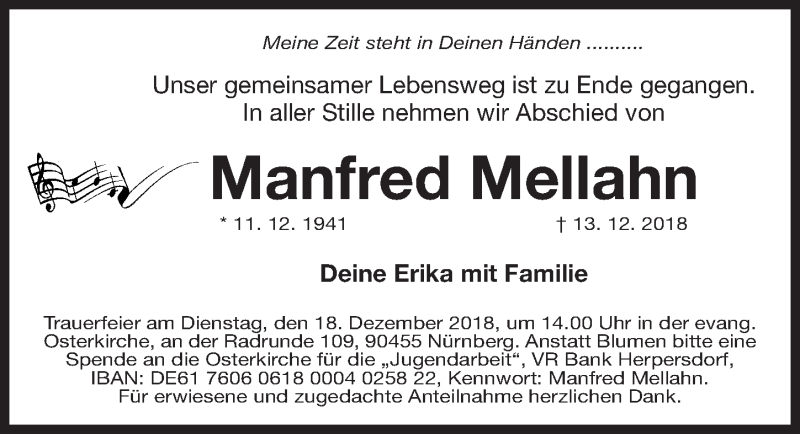  Traueranzeige für Manfred Mellahn vom 15.12.2018 aus Gesamtausgabe Nürnberger Nachrichten/ Nürnberger Ztg.