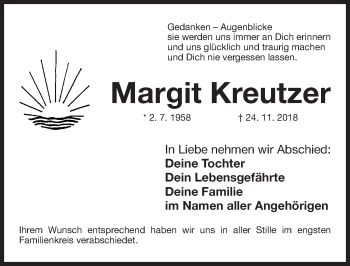 Traueranzeige von Margit Kreutzer von Gesamtausgabe Nürnberger Nachrichten/ Nürnberger Ztg.