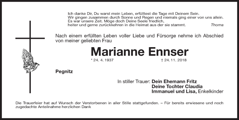  Traueranzeige für Marianne Ennser vom 15.12.2018 aus Nordbayerische Nachrichten Pegnitz Lokal