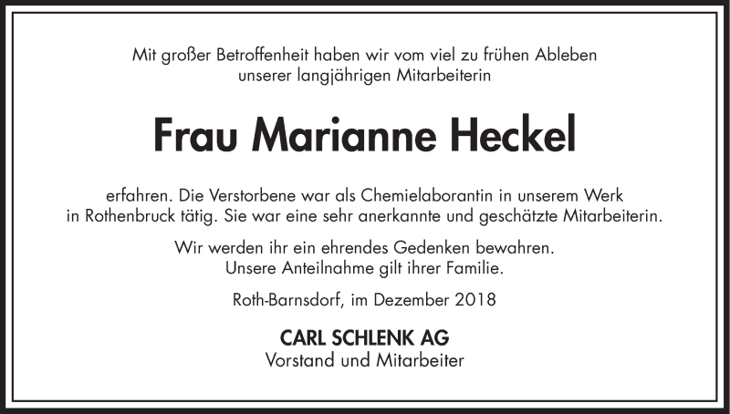  Traueranzeige für Marianne Hecke vom 14.12.2018 aus Nordbayerische Nachrichten Pegnitz Lokal