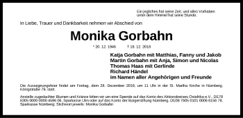 Traueranzeige von Monika Gorbahn von Gesamtausgabe Nürnberger Nachrichten/ Nürnberger Ztg.