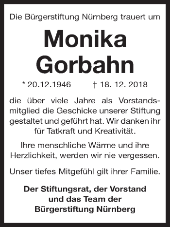 Traueranzeige von Monika Gorbahn von Gesamtausgabe Nürnberger Nachrichten/ Nürnberger Ztg.