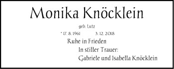 Traueranzeige von Monika Knöcklein von Gesamtausgabe Nürnberger Nachrichten/ Nürnberger Ztg.