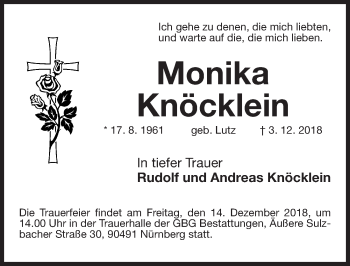 Traueranzeige von Monika Knöcklein von Gesamtausgabe Nürnberger Nachrichten/ Nürnberger Ztg.