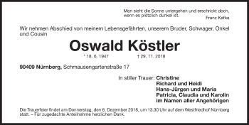Traueranzeige von Oswald Köstler von Gesamtausgabe Nürnberger Nachrichten/ Nürnberger Ztg.