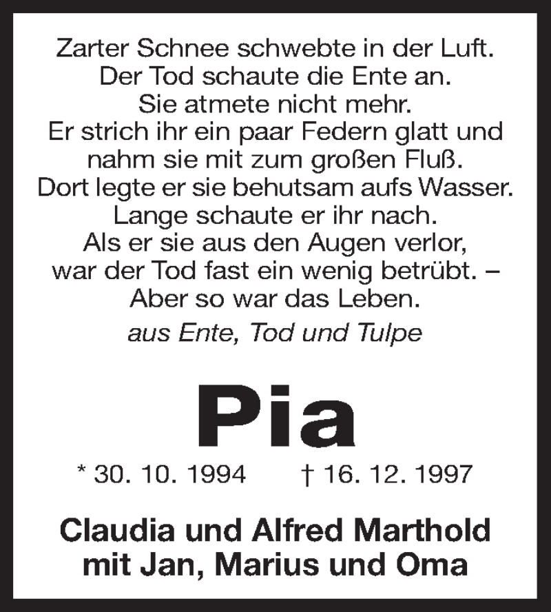  Traueranzeige für Pia  vom 15.12.2018 aus Gesamtausgabe Nürnberger Nachrichten/ Nürnberger Ztg.