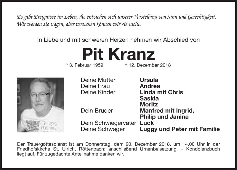  Traueranzeige für Pit Kranz vom 18.12.2018 aus Roth-Hilpoltsteiner Volkszeitung Lokal