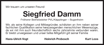 Traueranzeige von Siegfried Damm von Gesamtausgabe Nürnberger Nachrichten/ Nürnberger Ztg.