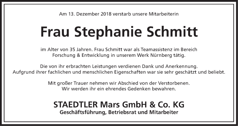  Traueranzeige für Stephanie Schmitt vom 22.12.2018 aus Gesamtausgabe Nürnberger Nachrichten/ Nürnberger Ztg.
