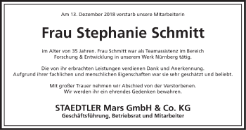Traueranzeige von Stephanie Schmitt von Gesamtausgabe Nürnberger Nachrichten/ Nürnberger Ztg.