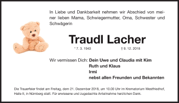 Traueranzeige von Traudl Lacher von Gesamtausgabe Nürnberger Nachrichten/ Nürnberger Ztg.