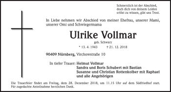 Traueranzeige von Ulrike Vollmar von Gesamtausgabe Nürnberger Nachrichten/ Nürnberger Ztg.