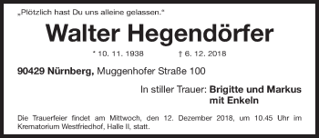Traueranzeige von Walter Hegendörfer von Gesamtausgabe Nürnberger Nachrichten/ Nürnberger Ztg.