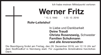 Traueranzeige von Werner Fritz von Gesamtausgabe Nürnberger Nachrichten/ Nürnberger Ztg.