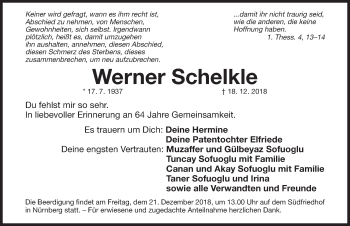 Traueranzeige von Werner Schelkle von Gesamtausgabe Nürnberger Nachrichten/ Nürnberger Ztg.