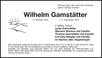 Traueranzeige von Wilhelm Gamstätter von Gesamtausgabe Nürnberger Nachrichten/ Nürnberger Ztg.