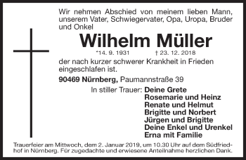 Traueranzeige von Wilhelm Müller von Gesamtausgabe Nürnberger Nachrichten/ Nürnberger Ztg.