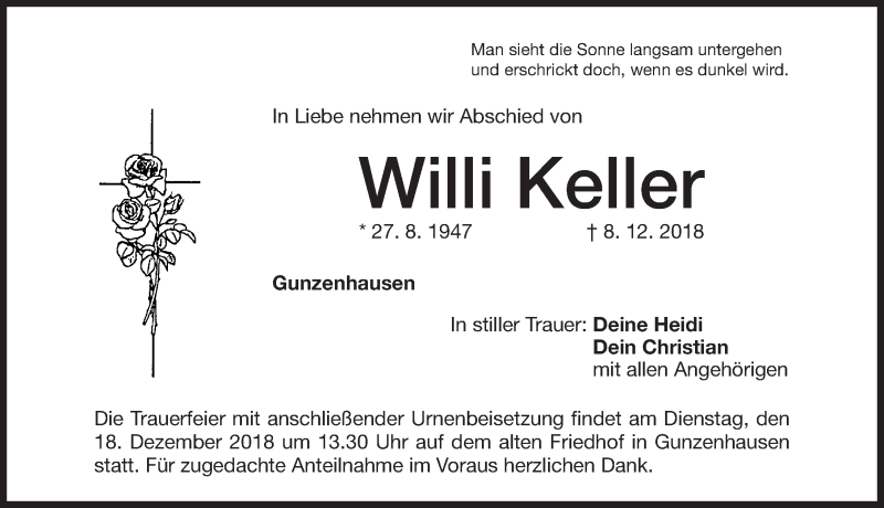  Traueranzeige für Willi Keller vom 15.12.2018 aus Altmühl-Bote Lokal