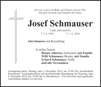 Traueranzeige von Josef Schmauser von Roth-Hilpoltsteiner Volkszeitung Lokal