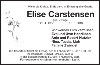 Traueranzeige von Elise Carstensen von Gesamtausgabe Nürnberger Nachrichten/ Nürnberger Ztg.