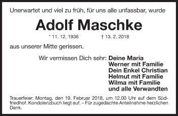 Traueranzeige von Adolf Maschke von Gesamtausgabe Nürnberger Nachrichten/ Nürnberger Ztg.