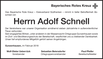 Traueranzeige von Adolf Schnell von Altmühl-Bote Lokal