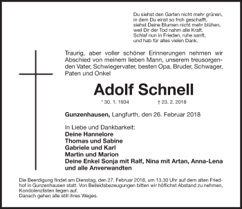 Traueranzeige von Adolf Schnell von Altmühl-Bote Lokal