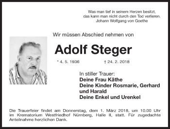 Traueranzeige von Adolf Steger von Gesamtausgabe Nürnberger Nachrichten/ Nürnberger Ztg.