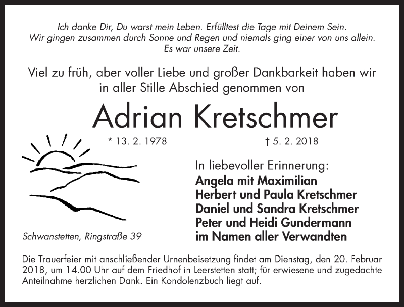  Traueranzeige für Adrian Kretschmer vom 16.02.2018 aus Gesamtausgabe Nürnberger Nachrichten/ Nürnberger Ztg.