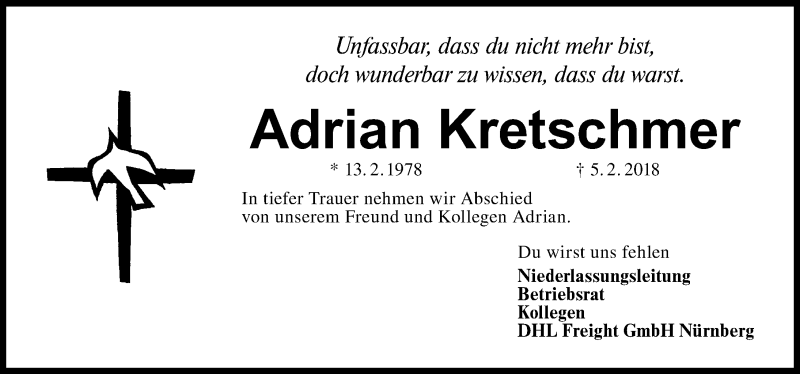  Traueranzeige für Adrian Kretschmer vom 19.02.2018 aus Schwabach