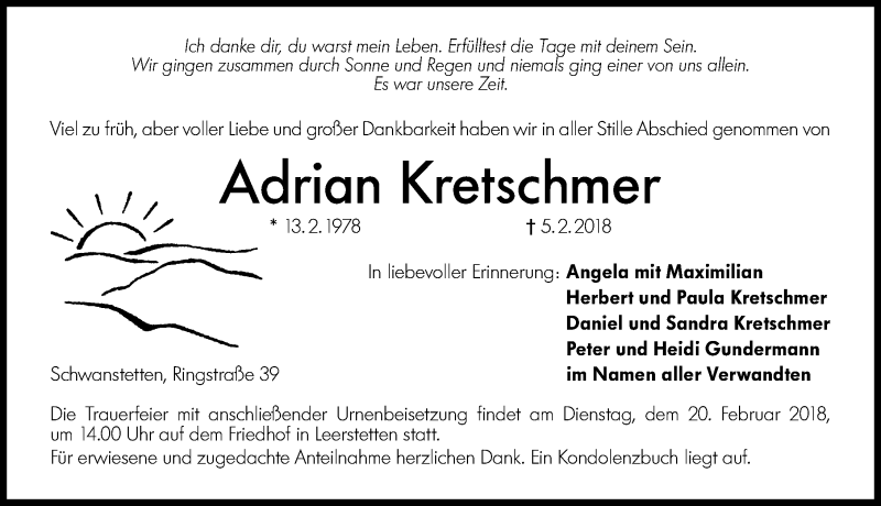  Traueranzeige für Adrian Kretschmer vom 16.02.2018 aus Schwabach