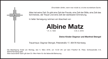 Traueranzeige von Albine Matz von Gesamtausgabe Nürnberger Nachrichten/ Nürnberger Ztg.